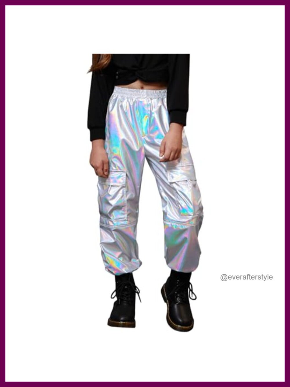 Metallic Cargo Pants for Girls High Waist Joggers Dance Multi-Pocket Elastic - Picture 1 of 6